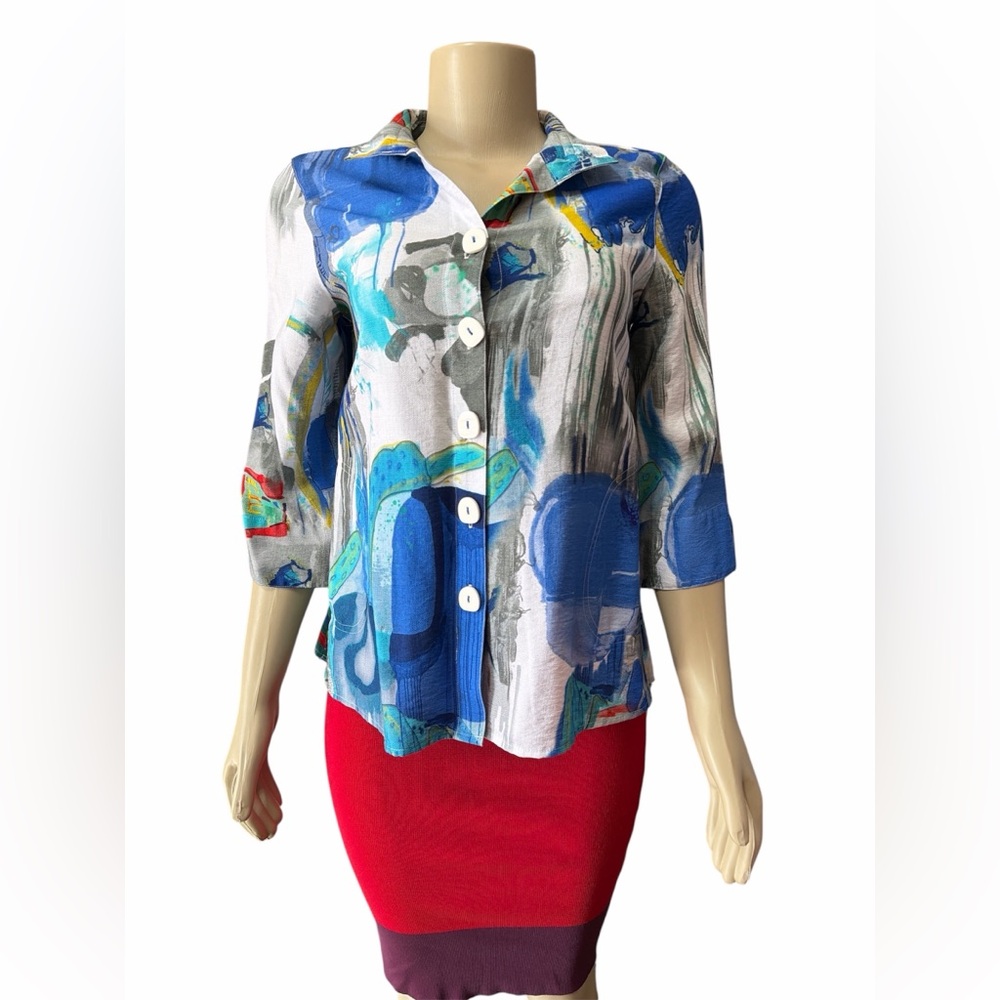 Ali Miles Size PS Abstract Watercolor Button Down 3/4 Sleeves Art Print Blouse
